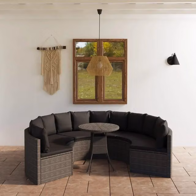 Set di divani da giardino vidaXL a forma di U composto da 7 pezzi con cuscini e tavolino da caffè in rattan e metallo grigio – 1