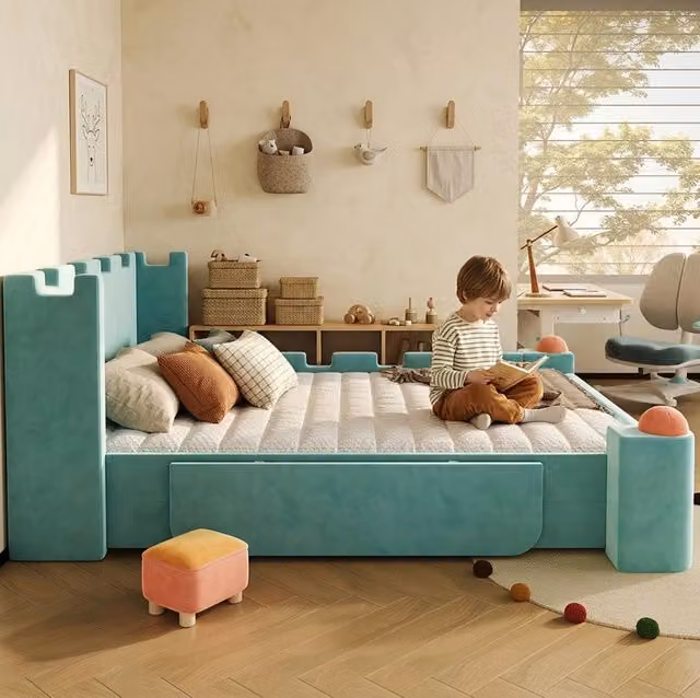 Letto imbottito 140x200 cm con sponda pieghevole e cassetto contenitore in velluto blu-verde