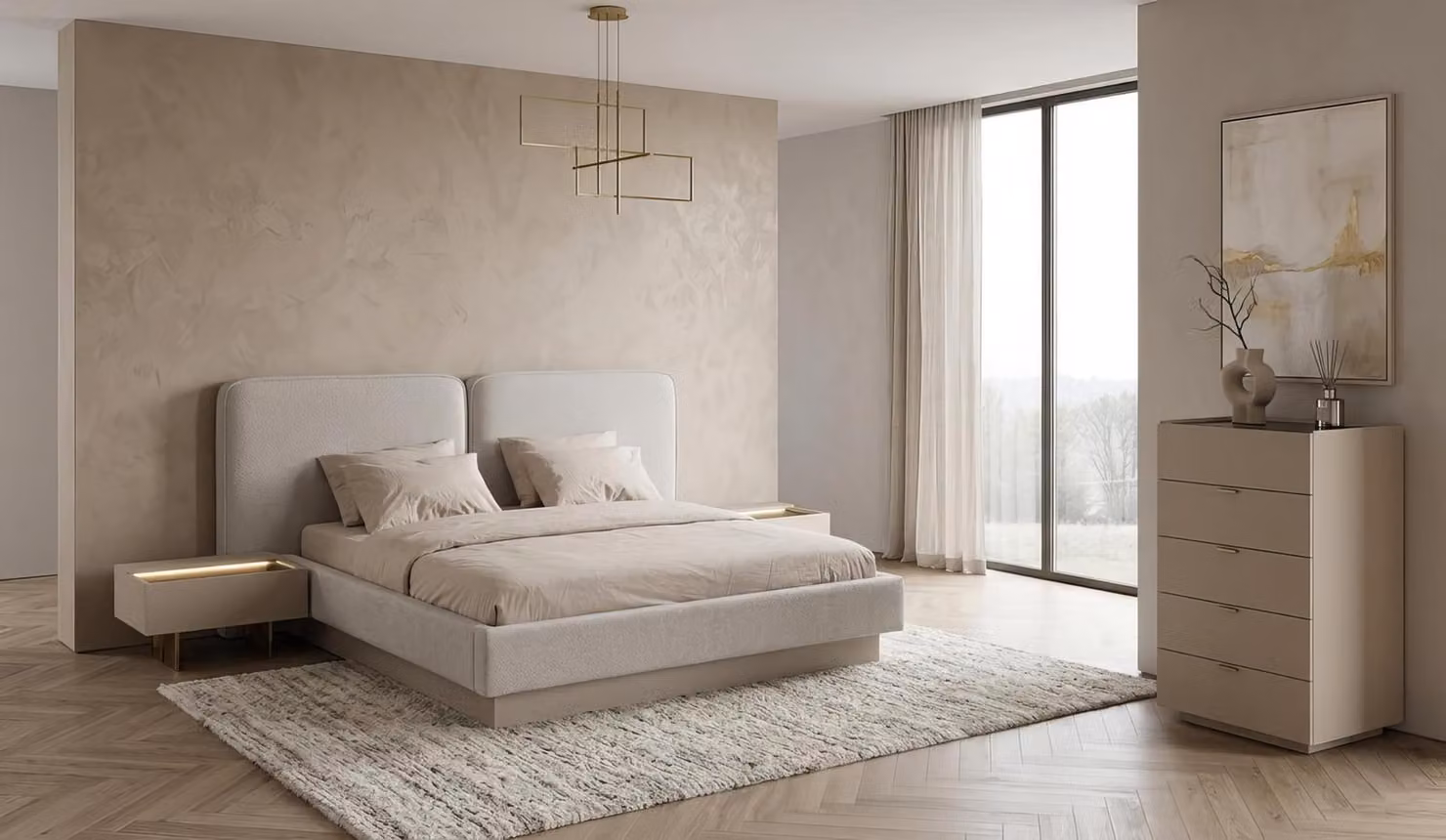 Set per camera da letto: letto, comodini, cassettiera. Colore: beige. Stile: elegante, lussuoso, di design