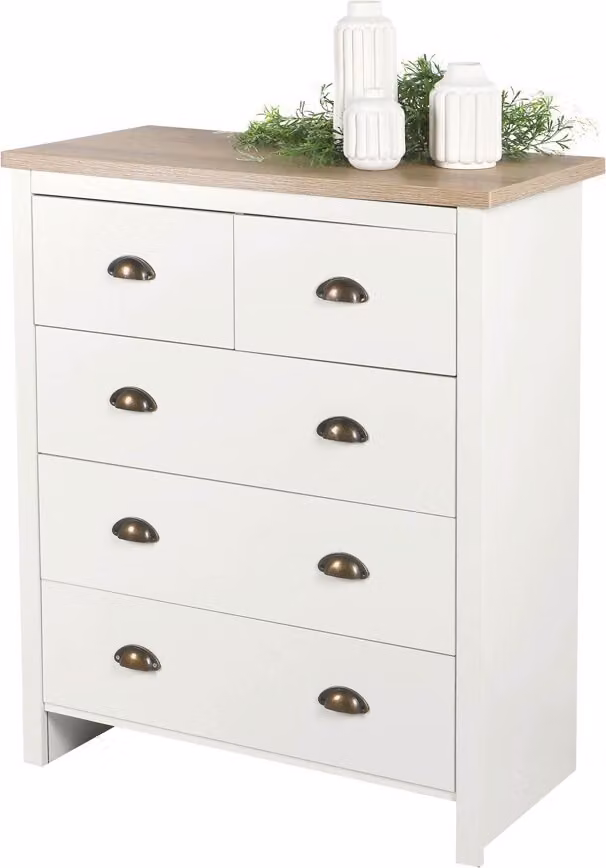 Cassettiera con 5 cassetti stile coloniale - 80x39,5xH97,5 cm, colore bianco e piano in rovere chiaro - Collezione MADERA