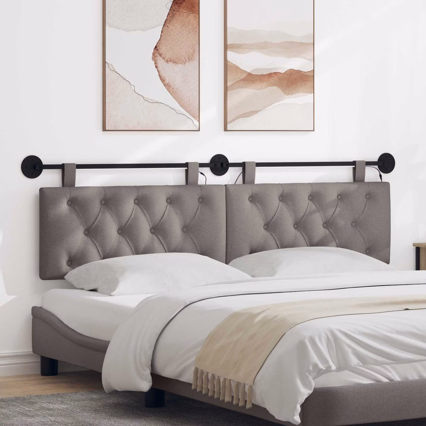Testiera da letto sospesa vidaXL in tessuto beige con illuminazione integrata L: 170 cm, H: 55 cm, P: 7 cm
