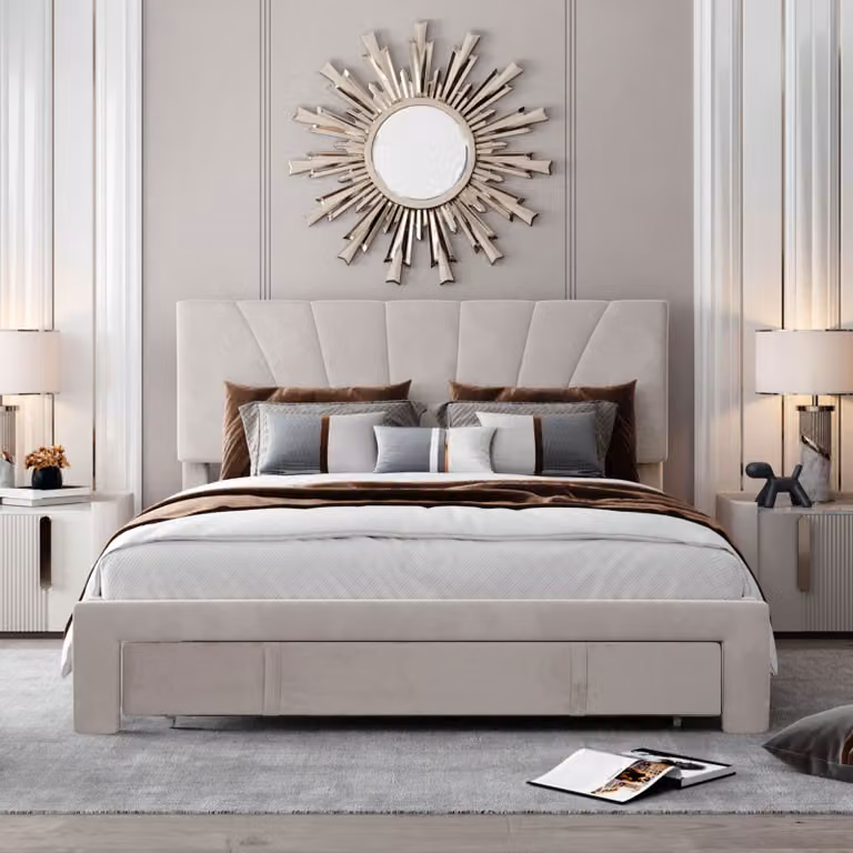 Letto imbottito CDGlobal 140x200cm con testata regolabile in altezza e 4 cassetti, letto matrimoniale funzionale con rete a doghe per camera da letto e camera degli ospiti