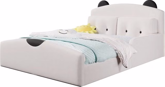 Letto imbottito 140x200 cm con testiera a forma di orso; rivestimento in lino bianco