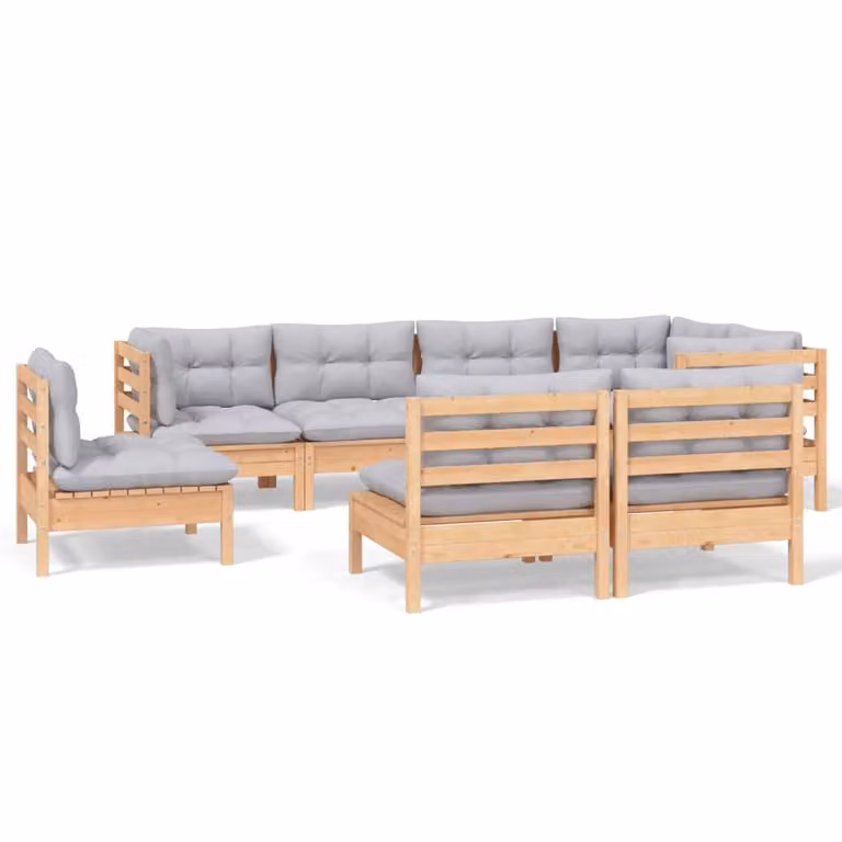 Set Divani da Giardino 8 pz con Cuscini Grigi Massello di Pino