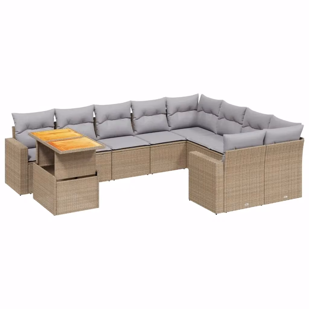 vidaXL Set Divano da Giardino 10 pz a Forma di L in Polyrattan con Cuscini Beige e Grigio e Tavolino da Esterno – 2