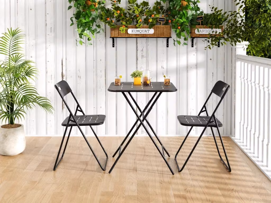 Set da giardino OKWISH composto da tavolo quadrato e 2 sedie pieghevoli in acciaio verniciato nero opaco per balcone e terrazzo – 2