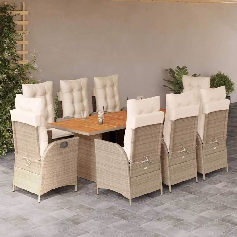 vidaXL Set da Pranzo da Giardino 9 pz in Polyrattan e Legno di Acacia con Cuscini Beige e Bianchi