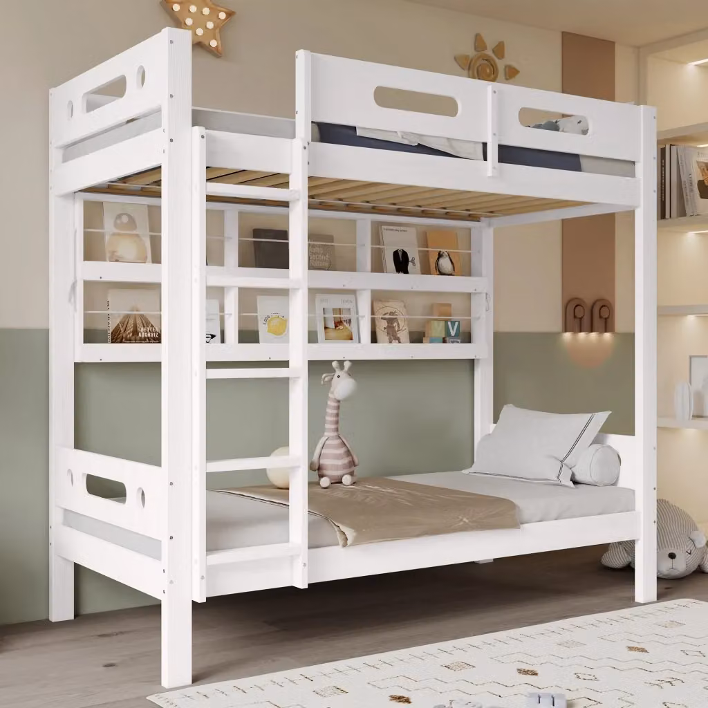 Letto a castello per bambini REDOM in legno e MDF, stile scandinavo, Bianco e Beige, L/P/H: 200 x 90 x 175 cm – 2