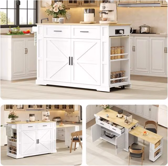 Isola cucina con piano estraibile 130 x 50 x 93 cm in MDF bianco e rovere con prese USB