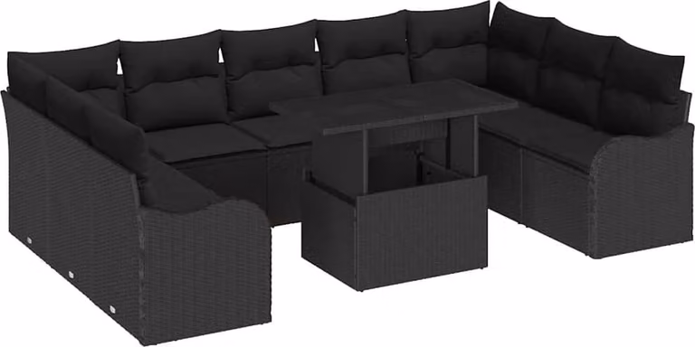 Set Divano da Giardino con cuscino 10 pcs Nero Poly Rattan