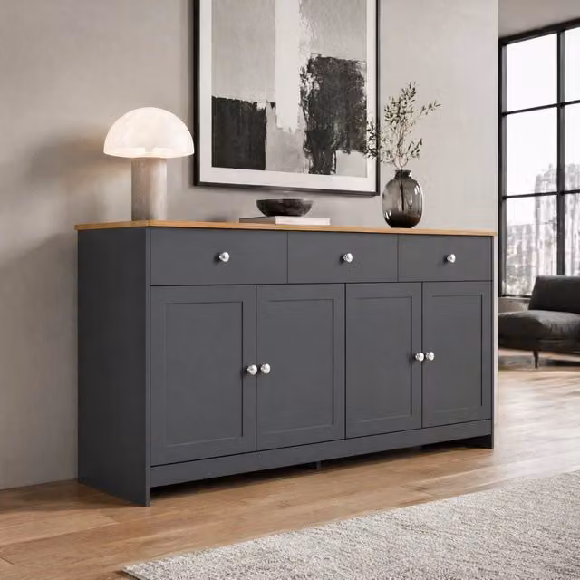 Credenza in MDF; 4 ante; 3 cassetti; ripiani regolabili; 160 x 37 x 75 cm; nero e grigio