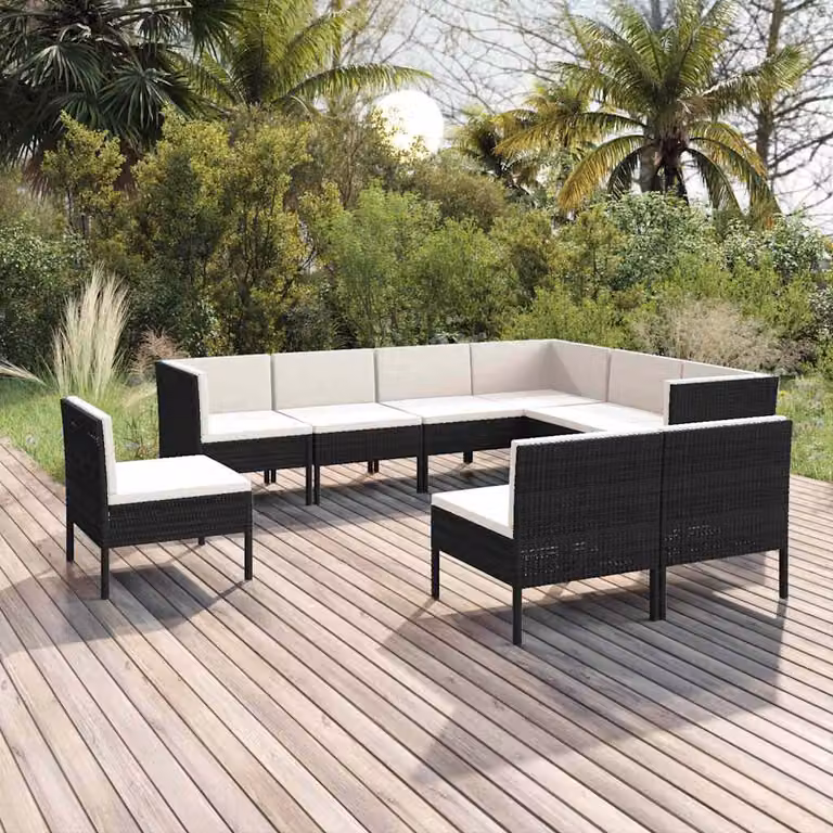 Set di divani da giardino vidaXL a forma di U composto da 9 pezzi con cuscini, struttura in metallo e rattan nero e bianco
