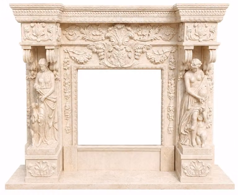 Cornice per camino in marmo di stile barocco color beige chiaro, dimensioni 190 x 160 cm. Arredamento in stile barocco, ideale per hotel e soggiorni
