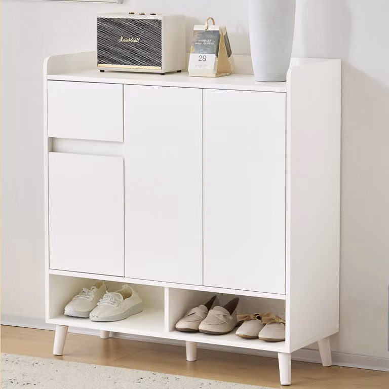 OKWISH Sideboard - Credenza con 2 cassetti e ripiani regolabili, mobile contenitore per il soggiorno o la camera da letto, gambe in legno massiccio - 90x35x99 cm, bianco