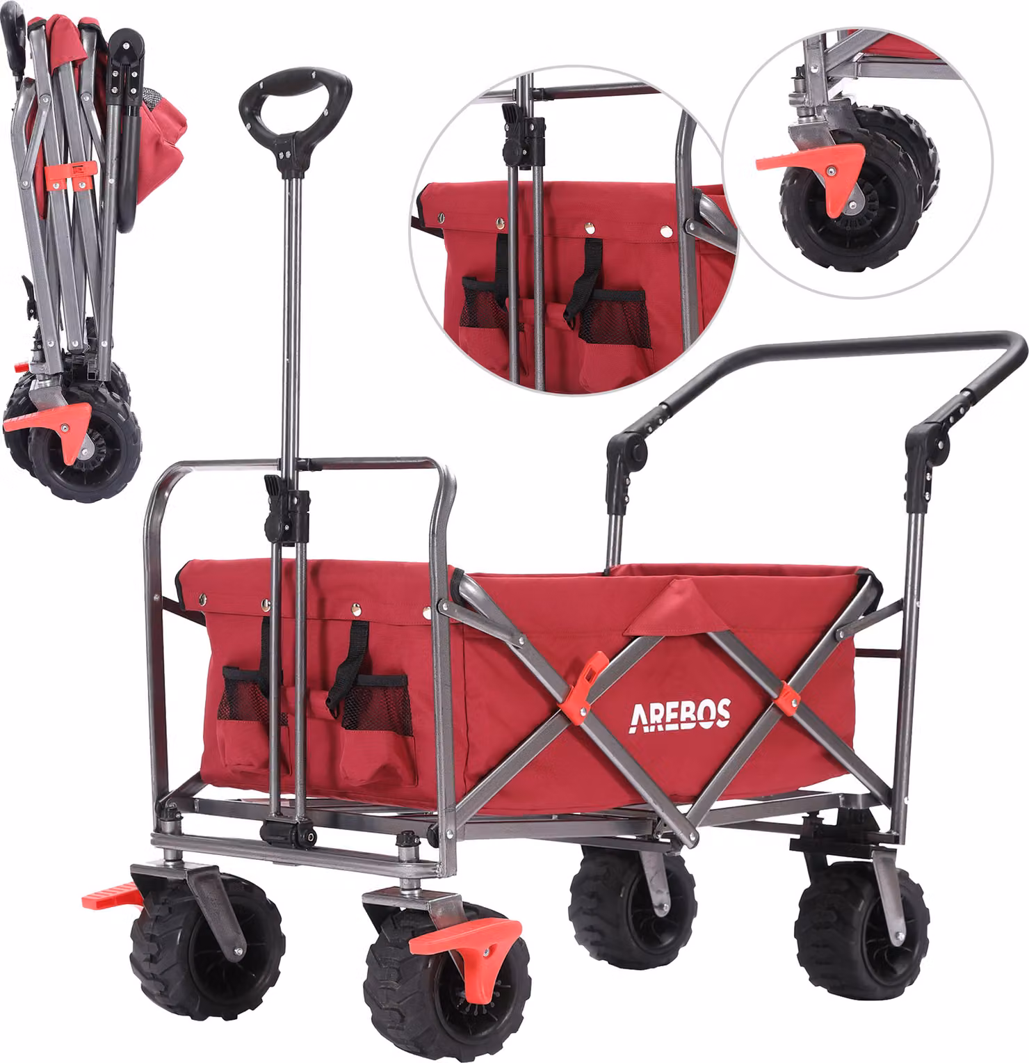 Carrello pieghevole AREBOS - Carrello per trasporto e attrezzature, 2 tasche in rete, rosso, 100 kg