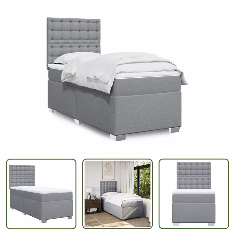The Living Store Letto a molle con materasso grigio chiaro 90x190 cm in tessuto