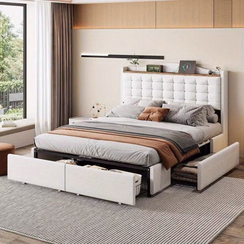 Letto matrimoniale imbottito – Letto contenitore – 140x200 cm – Beige, con biancheria da letto e comodino con funzione di ricarica