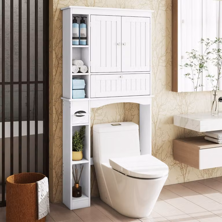 Mobiletto sopra WC Costway con 2 ante e ripiano regolabile, Organizzatore salvaspazio per bagno e lavanderia Bianco