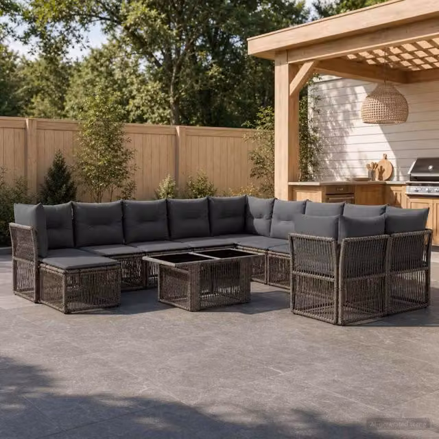 Set Divano da Giardino a Forma di U vidaXL Grigio con Cuscini e Tavolino da Esterno in Polyrattan e Metallo – 1
