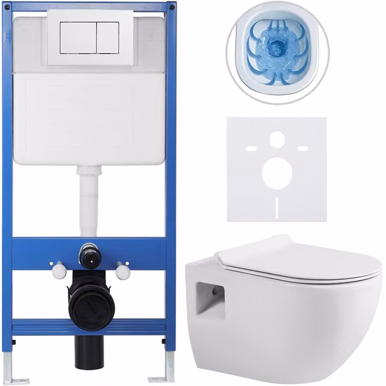 Set completo per WC sospeso Lite/Dure - bianco lucido - pulsante per WC Classic, bianco - installazione a muro/con pannello di cartongesso - 51x35 cm