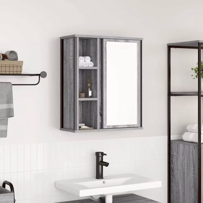 Pensile da bagno con specchio vidaXL Grigio Sonoma, moderno e da appendere a parete, L: 50 cm, P: 21 cm, H: 60 cm