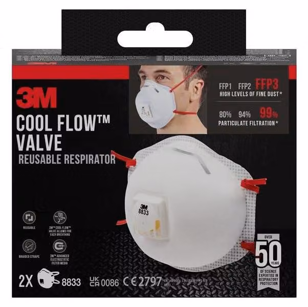 3M 7100329374 3M Atemschutzmasken Cool Flow™ 8833 FFP3 DIN EN 149:2001, A1:2009, 2 St.
