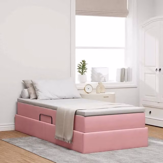 vidaXL Letto con contenitore e materasso ibrido in velluto rosa L/P/H: 100 x 200 x 48.5 cm