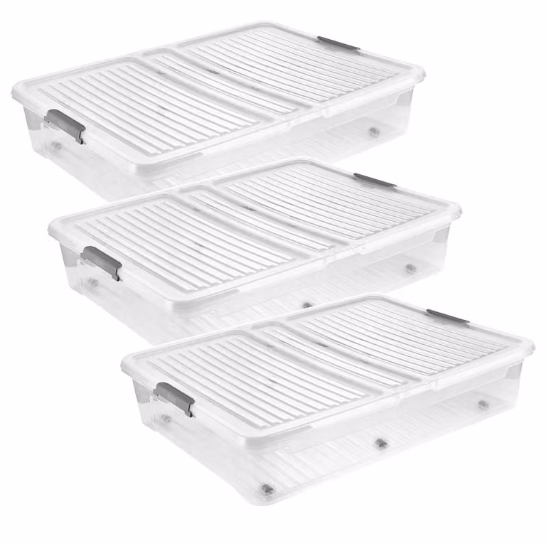 3 contenitori Leo Keeper con coperchio, capacità 53 litri, trasparenti, con ruote, coperchio con chiusura a clip