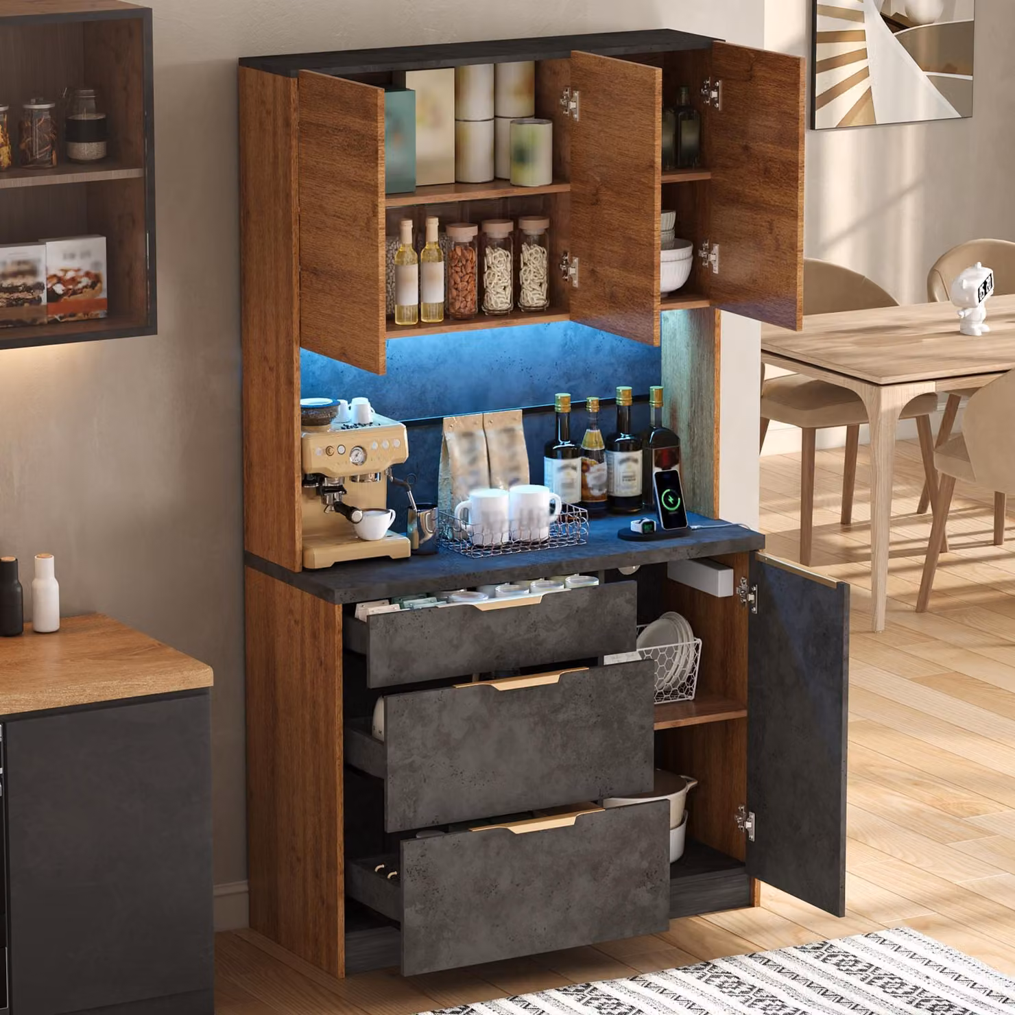 Mobiletto alto STILVORA con 4 ante e 3 cassetti, mobile da cucina con illuminazione a LED e prese di corrente, mobiletto buffet con spazio contenitivo, colore bianco