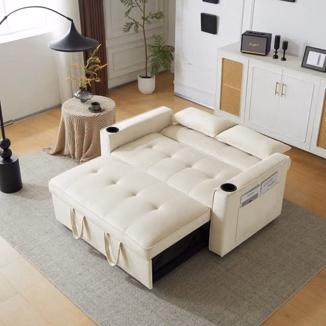 Sofa Letto 3-in-1 REDOM in Velluto Beige con 2 Cuscini, Poggiatesta Regolabile e Portabicchieri, L: 137 cm, P: 76,5 cm, H: 83 cm