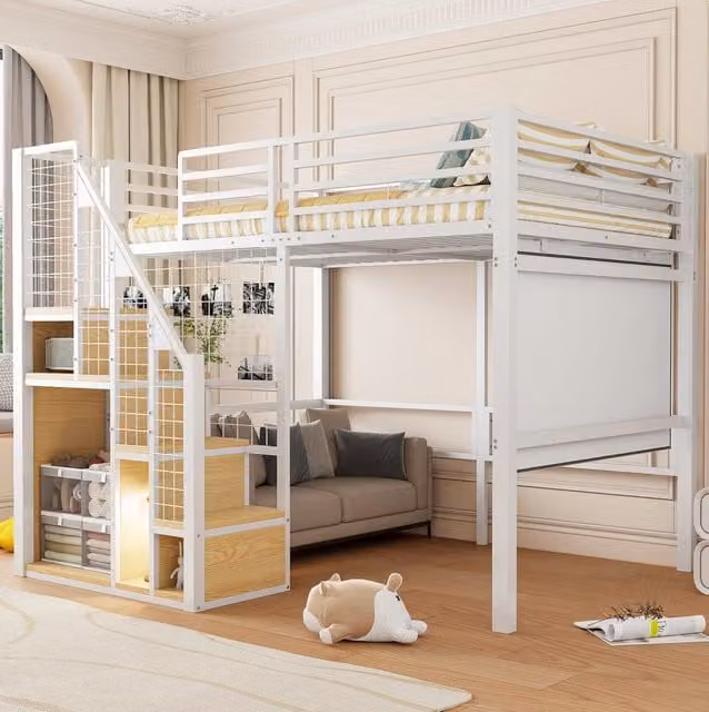 Letto a soppalco 140 x 200 cm bianco in metallo e MDF con scala e vano guardaroba