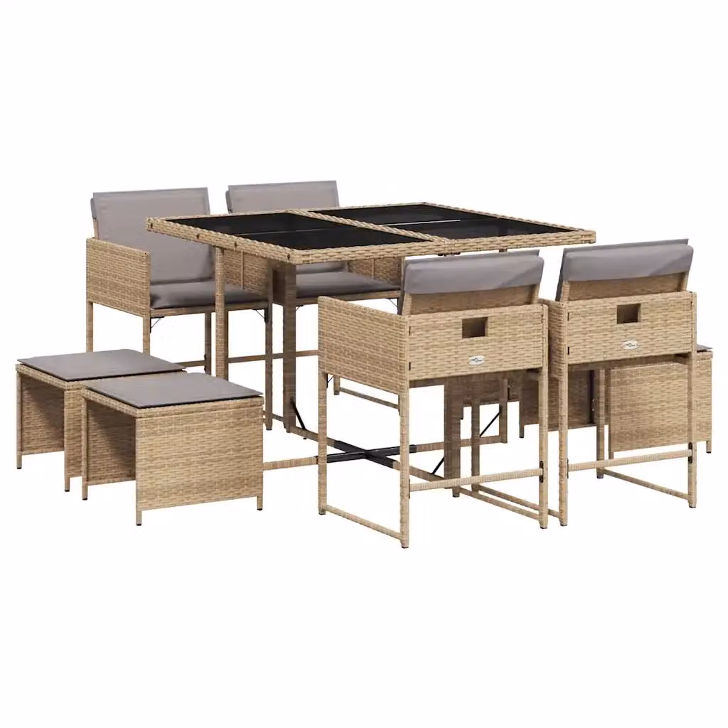 Set Pranzo da Giardino vidaXL 9 pz in Polyrattan con Cuscini Beige e Piano in Vetro – 2