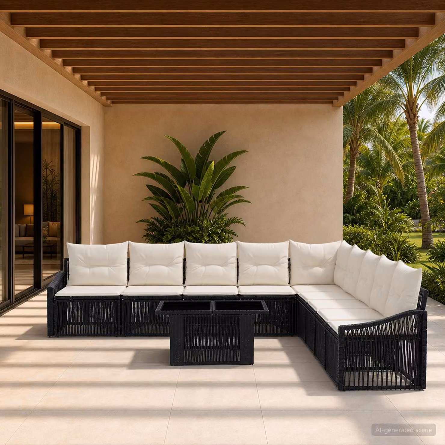 Set Divano da Giardino vidaXL 10 Pezzi in Polyrattan Moderno con Cuscini Nero e Bianco Crema