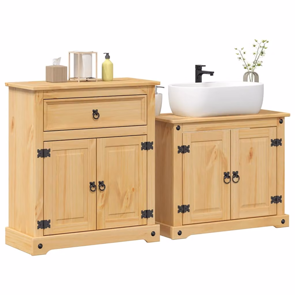 Set Mobili da Bagno vidaXL Corona in Legno di Pino Rustico Marrone e Beige, composto da Mobile Lavabo e Pensile, L/P/H: 73 x 33 x 60 cm