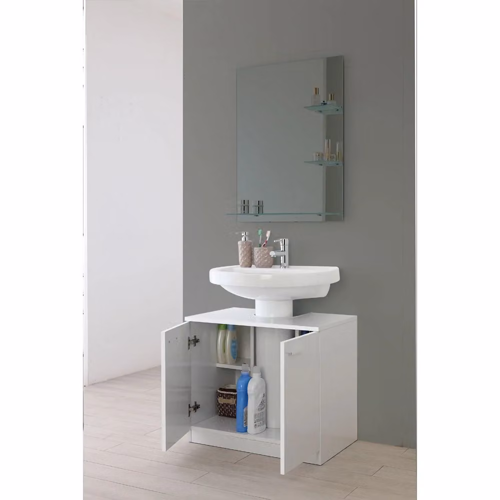 Mobile Sotto Lavabo Copricolonna da Bagno Feridras Bianco Lucido con Ante a Battente – 2