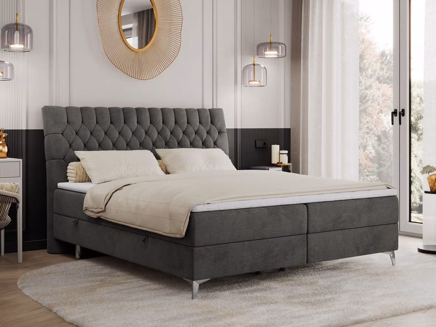 Letto boxspring 180x200 con 2 cassetti, materasso e coprimaterasso, letto imbottito 180x200, letto 180x200 - MILEN - 180x200 cm - Grigio scuro - Velvet - H3