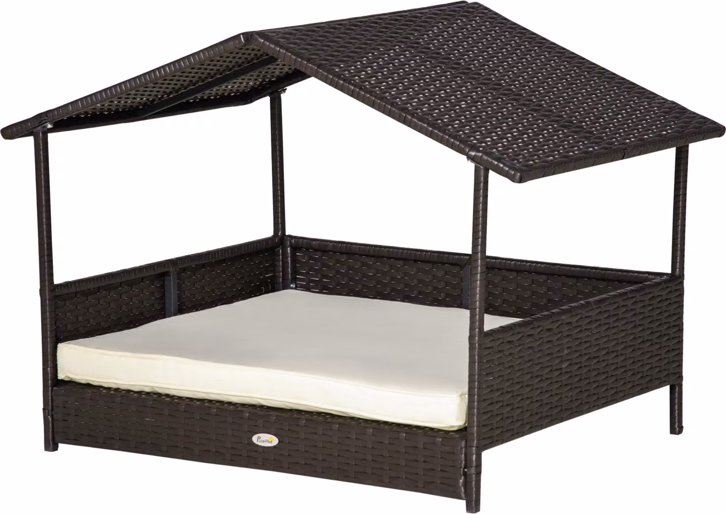 Cuccia per cani Moonbite con tetto, dimensioni 98 x 69 x 70 cm, lettino per cani integrato, resistente alle intemperie e rialzata, portata massima 50 kg, realizzata in rattan, colore marrone