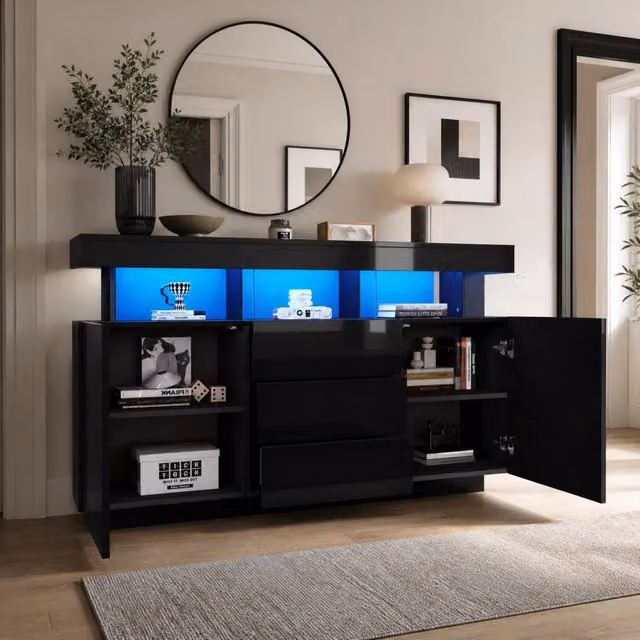 Madia nera lucida 140 x 35 x 80 cm con LED; 3 cassetti e 2 ante