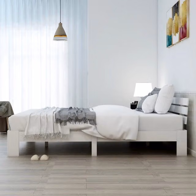 Letto Matrimoniale Minimal in Legno Massello di Pino Bianco con Testiera e Doghe L/P: 140 x 200 cm