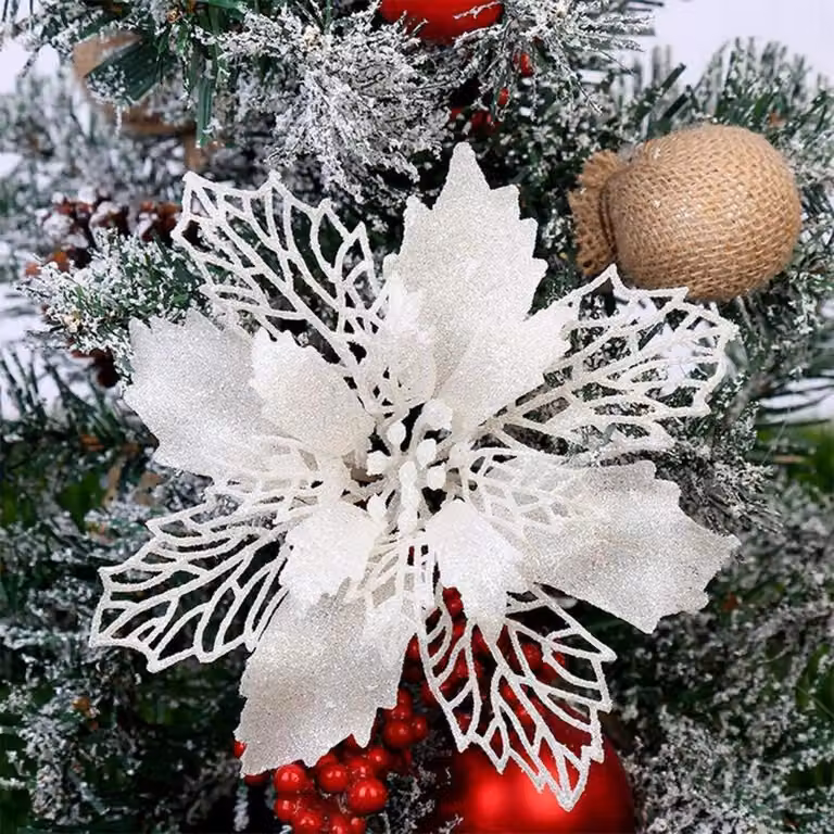 Set di 12 decorazioni natalizie a forma di stella di Natale (poinsettia), fiori artificiali, colore bianco, dimensioni 16 cm