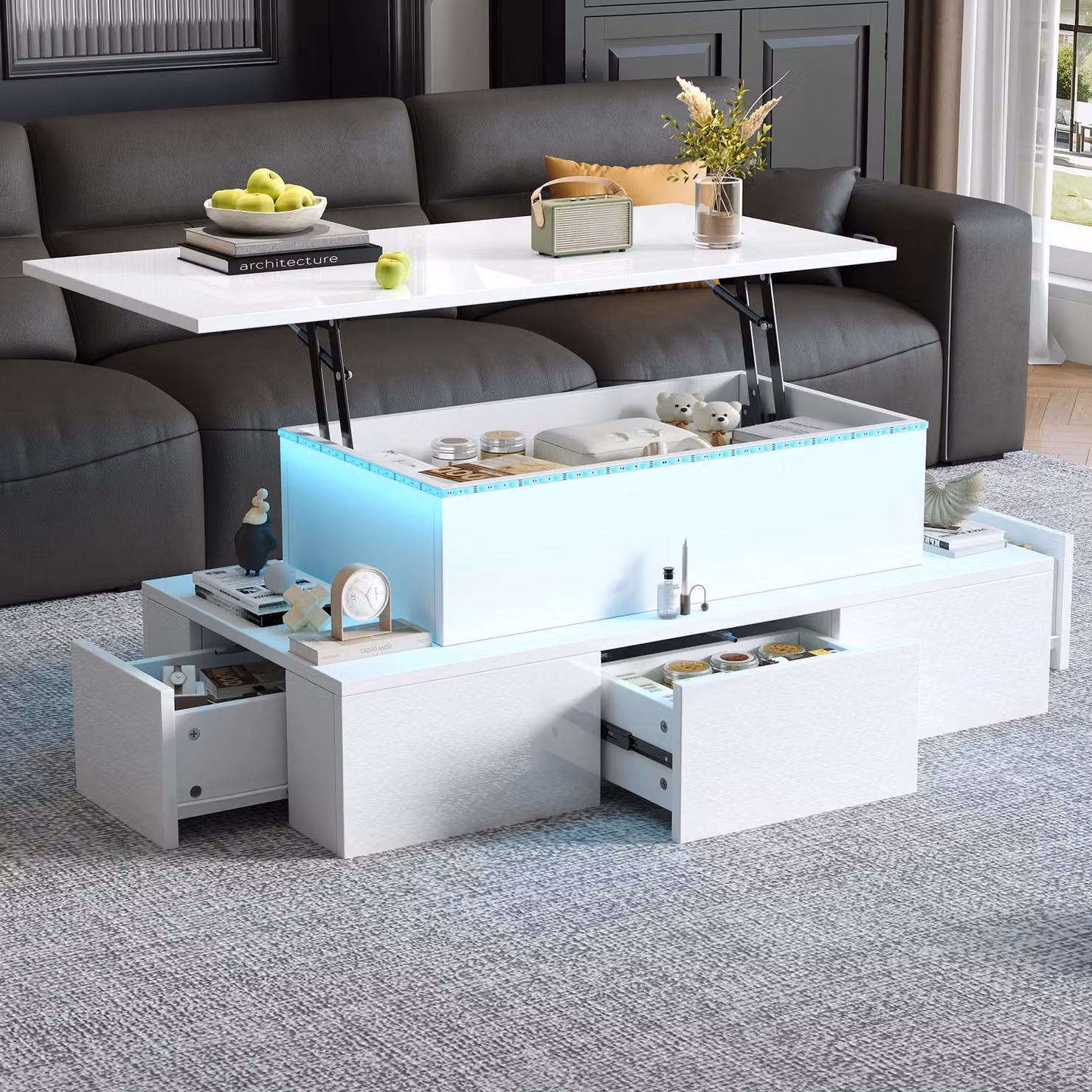 MODFU Tavolo da salotto moderno Tavolo da divano con 4 cassetti, tavolino da salotto con illuminazione a LED e spazio di archiviazione nascosto, bianco