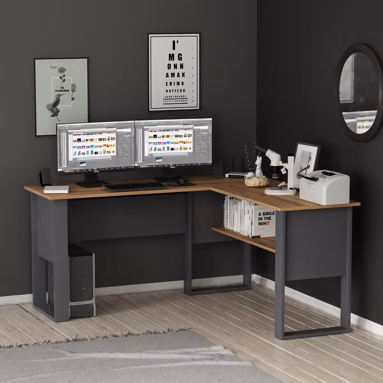 HOMIDEA Randi: scrivania angolare a L con ripiani - Scrivania moderna per computer, ideale per l'ufficio e l'home office - Antracite/Rovere
