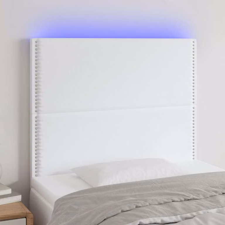Testiera per letto con illuminazione LED e porta di ricarica USB vidaXL in similpelle bianca, L/P/H: 100 x 5 x 118/128 cm