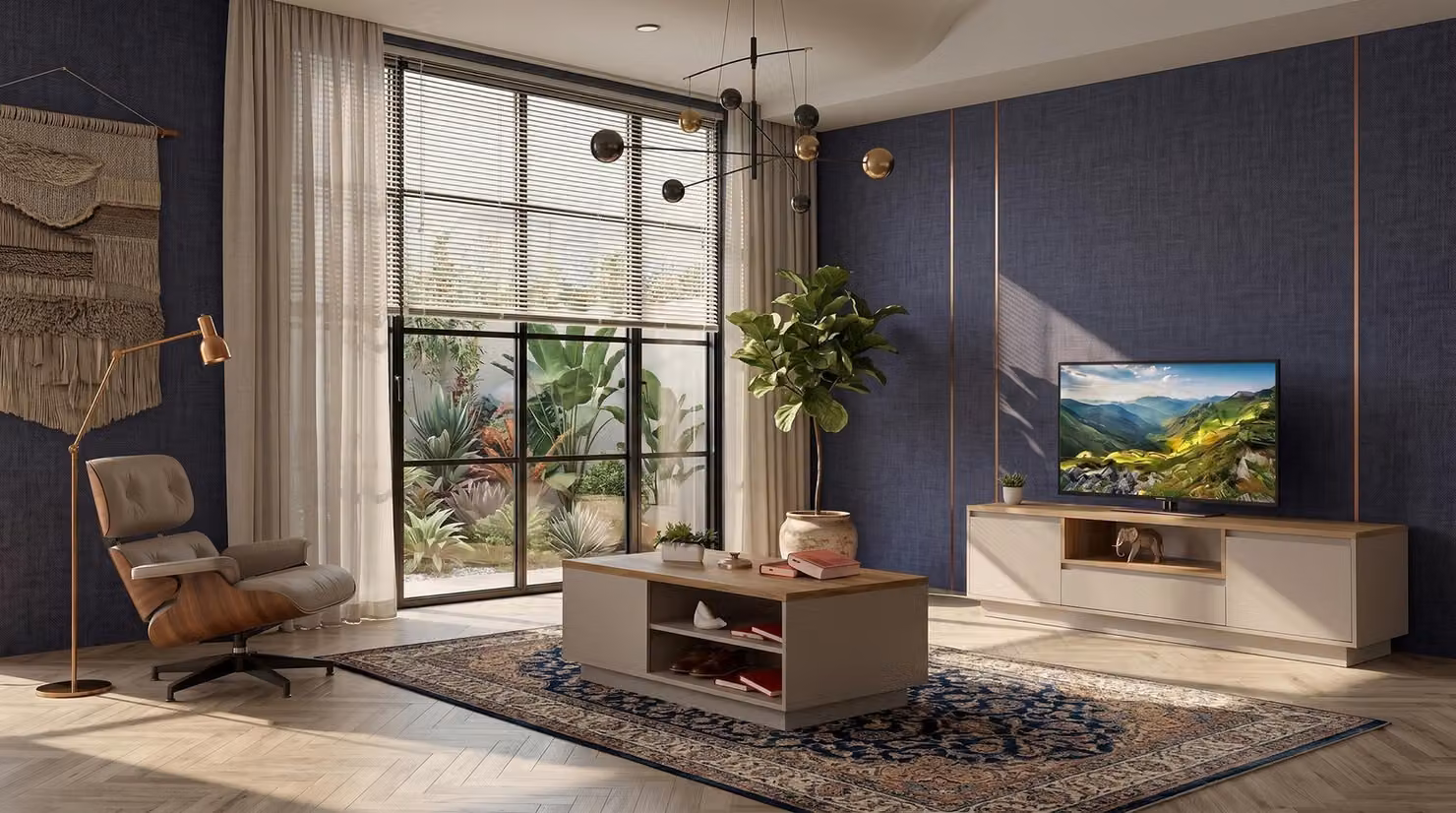Set di mobili da soggiorno color beige, composto da: mobile TV, tavolino e divano, dal design moderno e