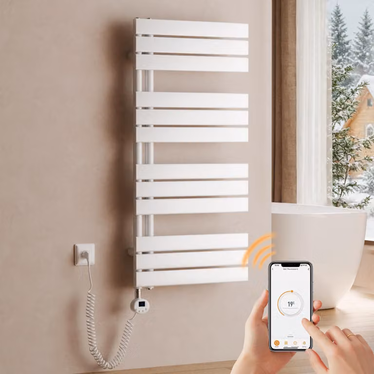 Asciugabiancheria elettrico da parete, dimensioni 1041 x 500 mm, 600 W, bianco, radiatore per bagno con termostato, Wi-Fi, timer programmabile e display LCD – S'AFIELINA