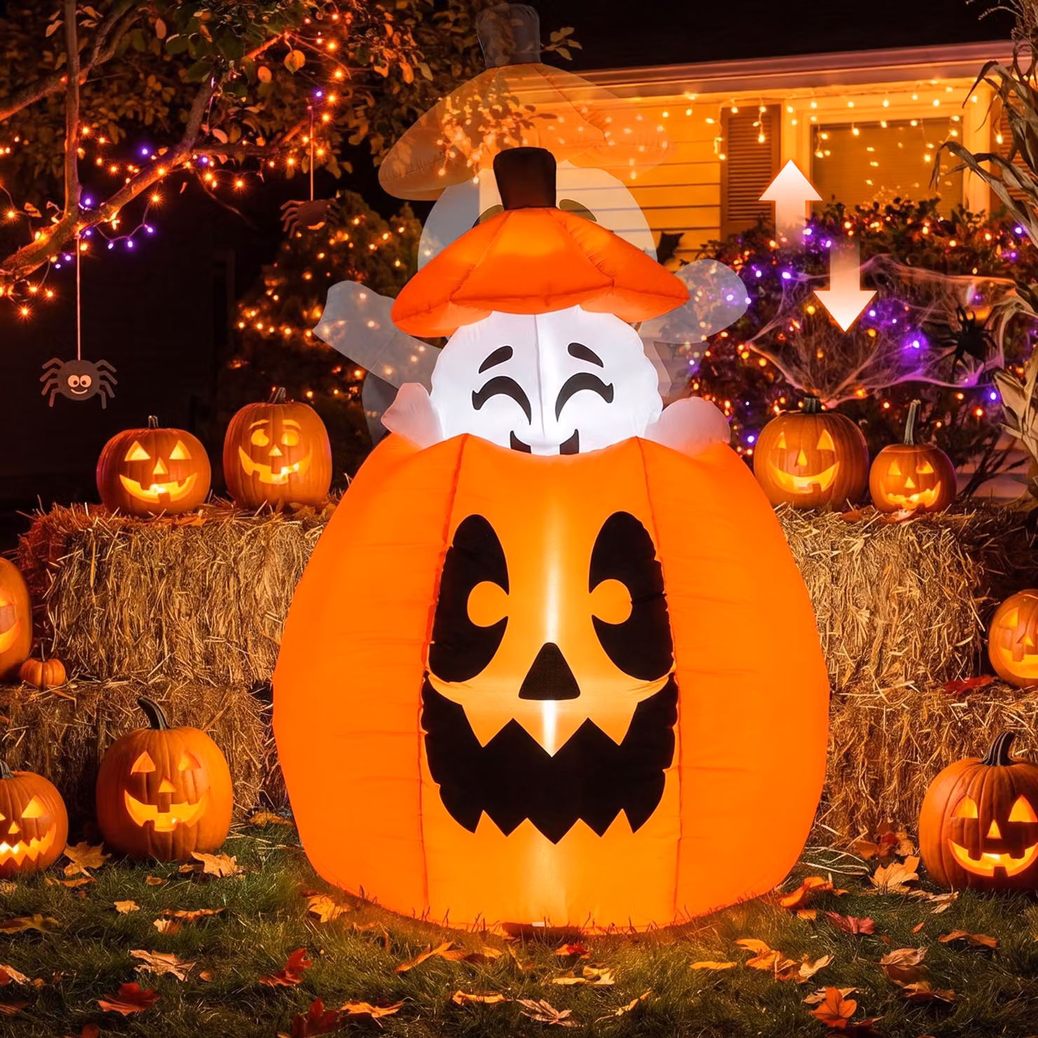 Costway Gonfiabile a forma di zucca di halloween con luci led luminose impermeabile, Decorazione gonfiabile da giadino con fantasma di halloween