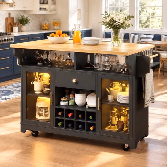 Desviae Carrello da cucina con LED RGB ripiani regolabili piani pieghevoli portabottiglie mobile per 3 bottiglie nero