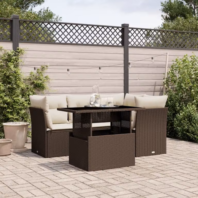 Set Divano da Giardino a L vidaXL 5 pz in Polyrattan Marrone con Cuscini e Tavolino da Esterno