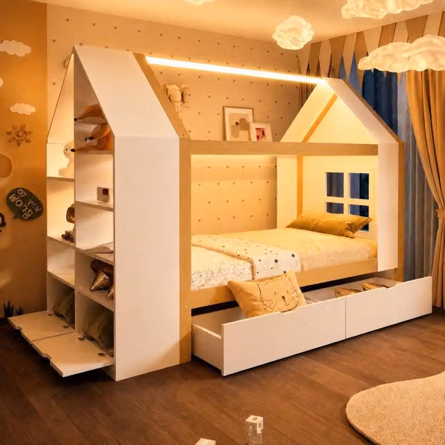 Letto a casetta per bambini 90×200 cm in bianco e legno naturale, due cassetti, vani contenitore e luce LED, senza materasso