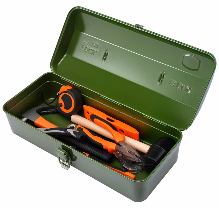 Custodia per attrezzi, dimensioni 37 x 16 x 12 cm, in metallo, con maniglia e chiusura, colore verde, ideale per il trasporto